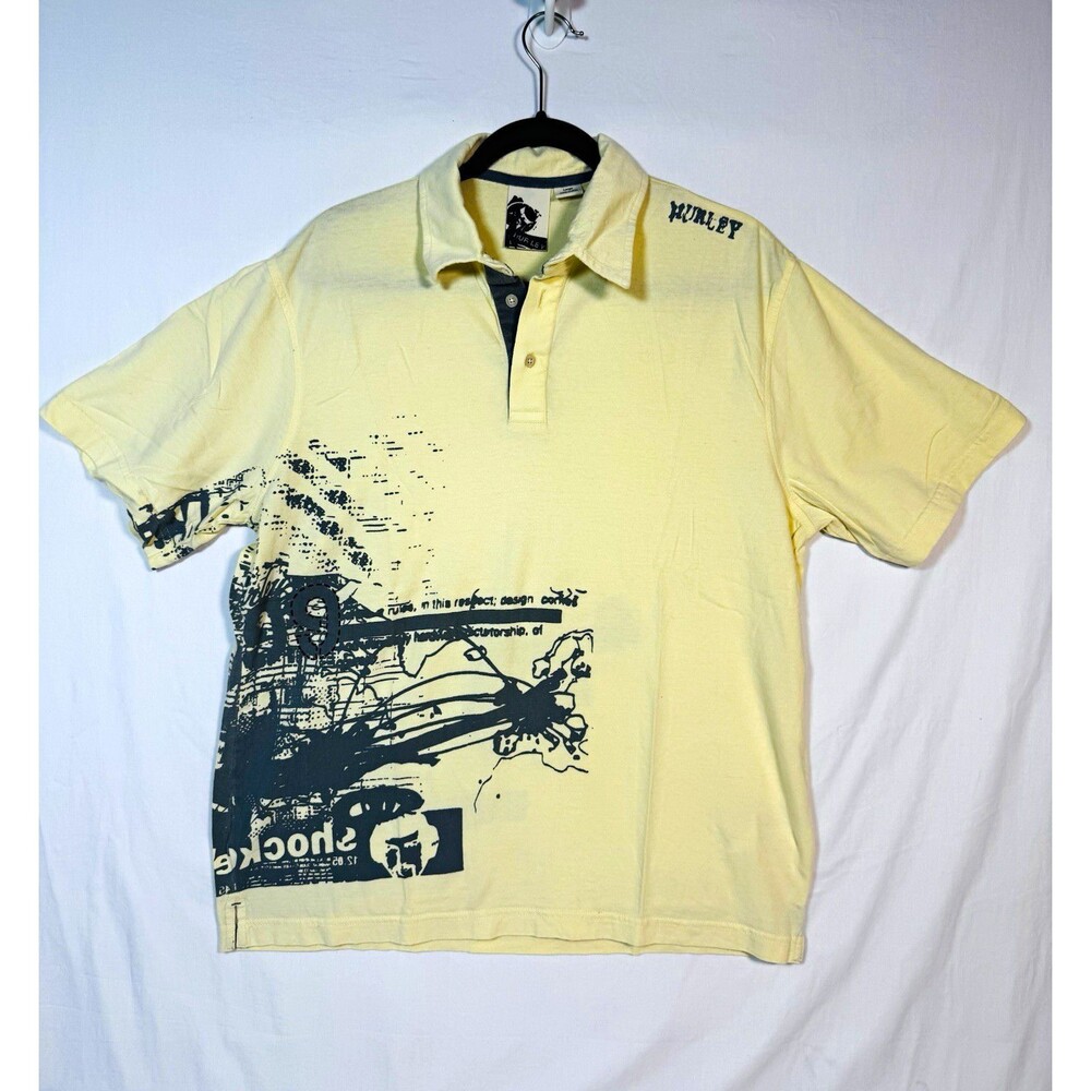 Hurley Men’s Graphic Print Polo Short Sleeve Cotton Button Collar L Yellow/Blue - Picture 1 of 6